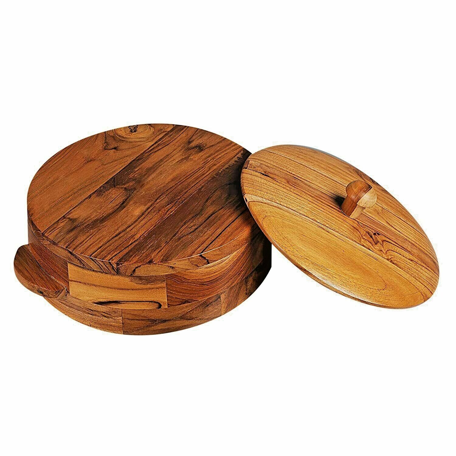 Wooden Casserole Chapati Box Wood Kitchen Container with Steel box, Brown